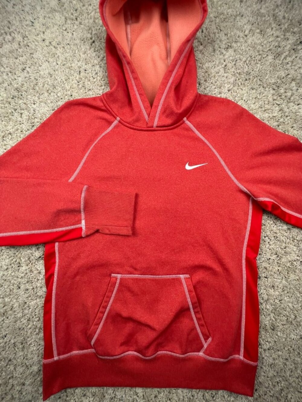 Nike Hoodie Women Large Orange Solid Logo Pullover Pocket Fleece Lined Hooded